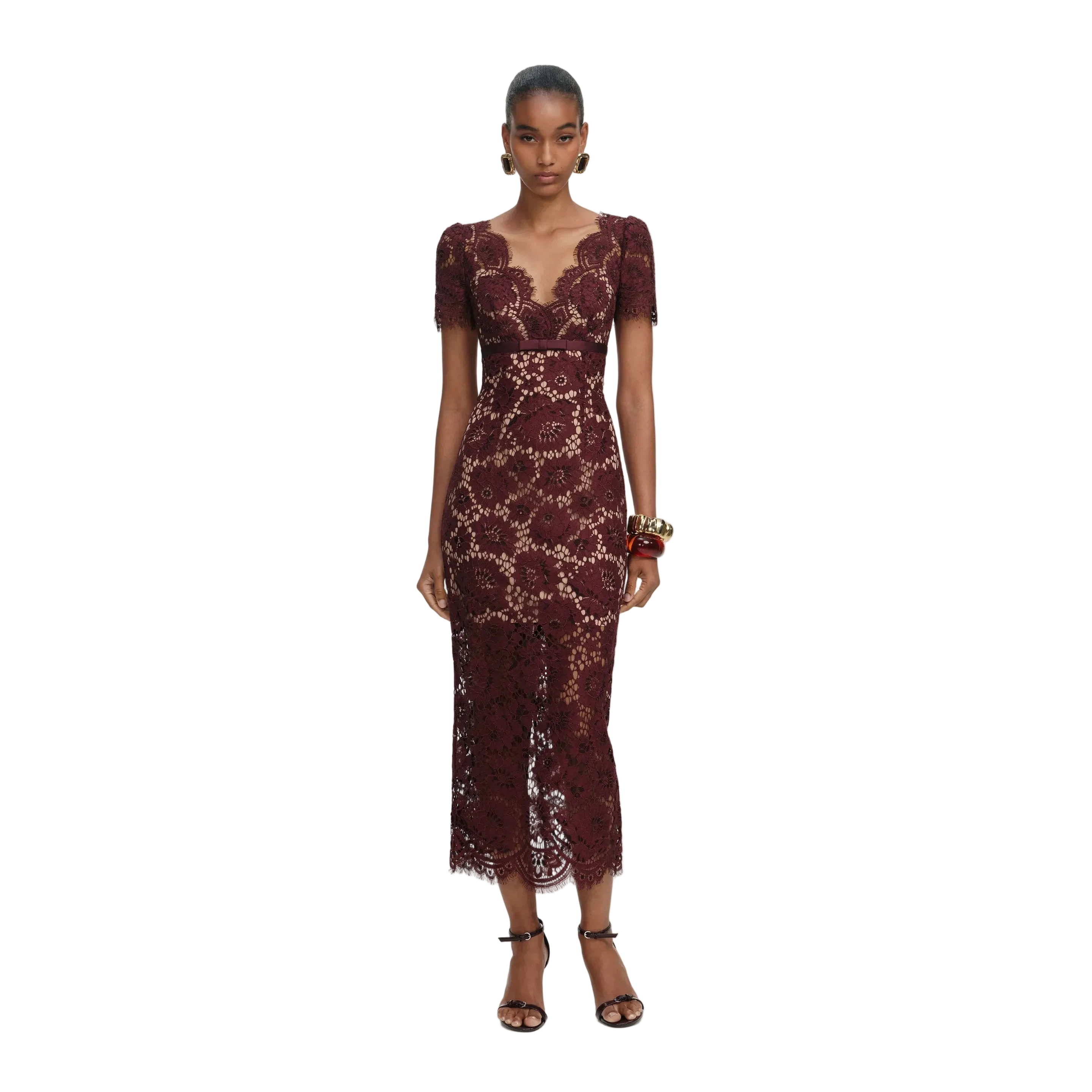 Burgundy Floral Lace Midi Dress