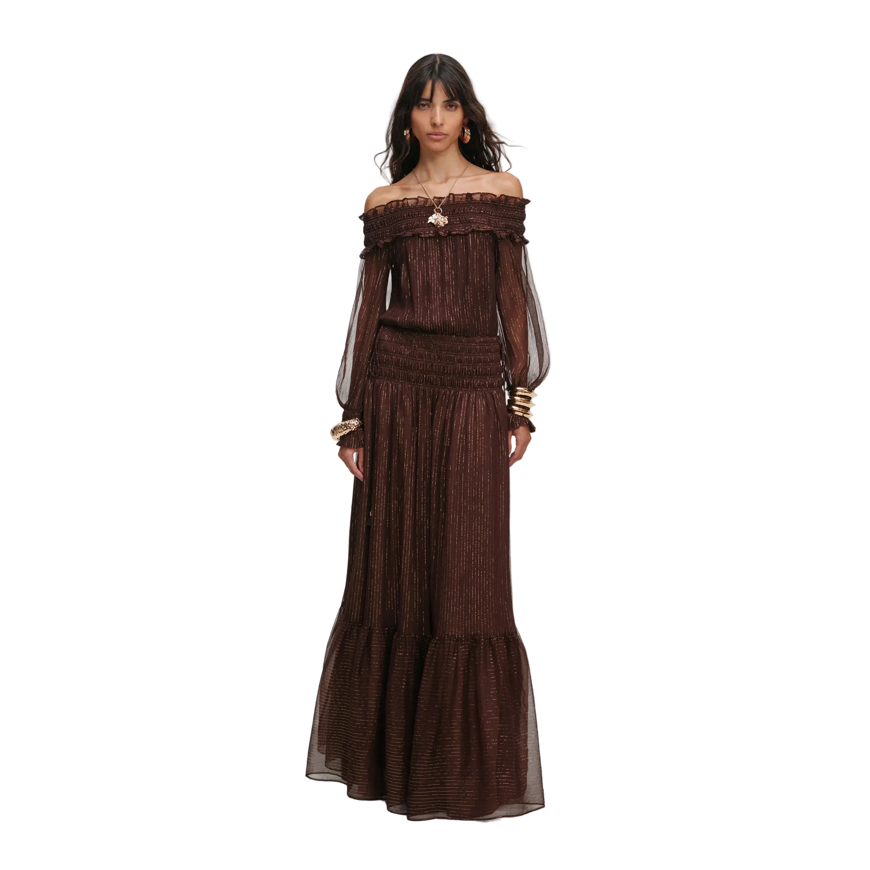 Brown Off Shoulder Georgette Maxi Dress