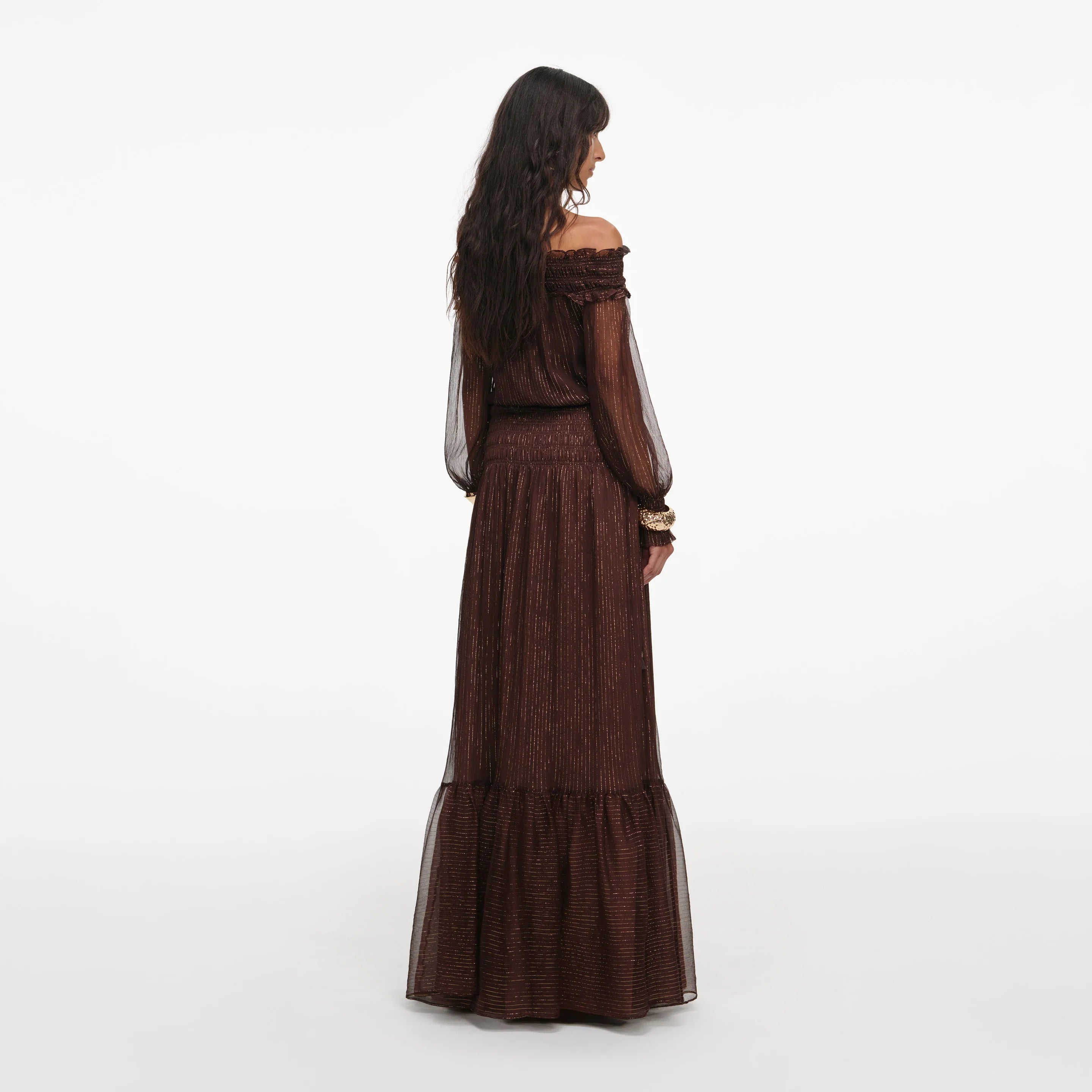 Brown Off Shoulder Georgette Maxi Dress
