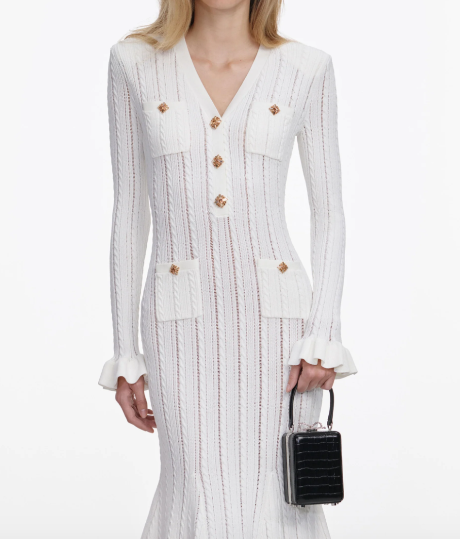 White Pointelle Knit Midi Dress