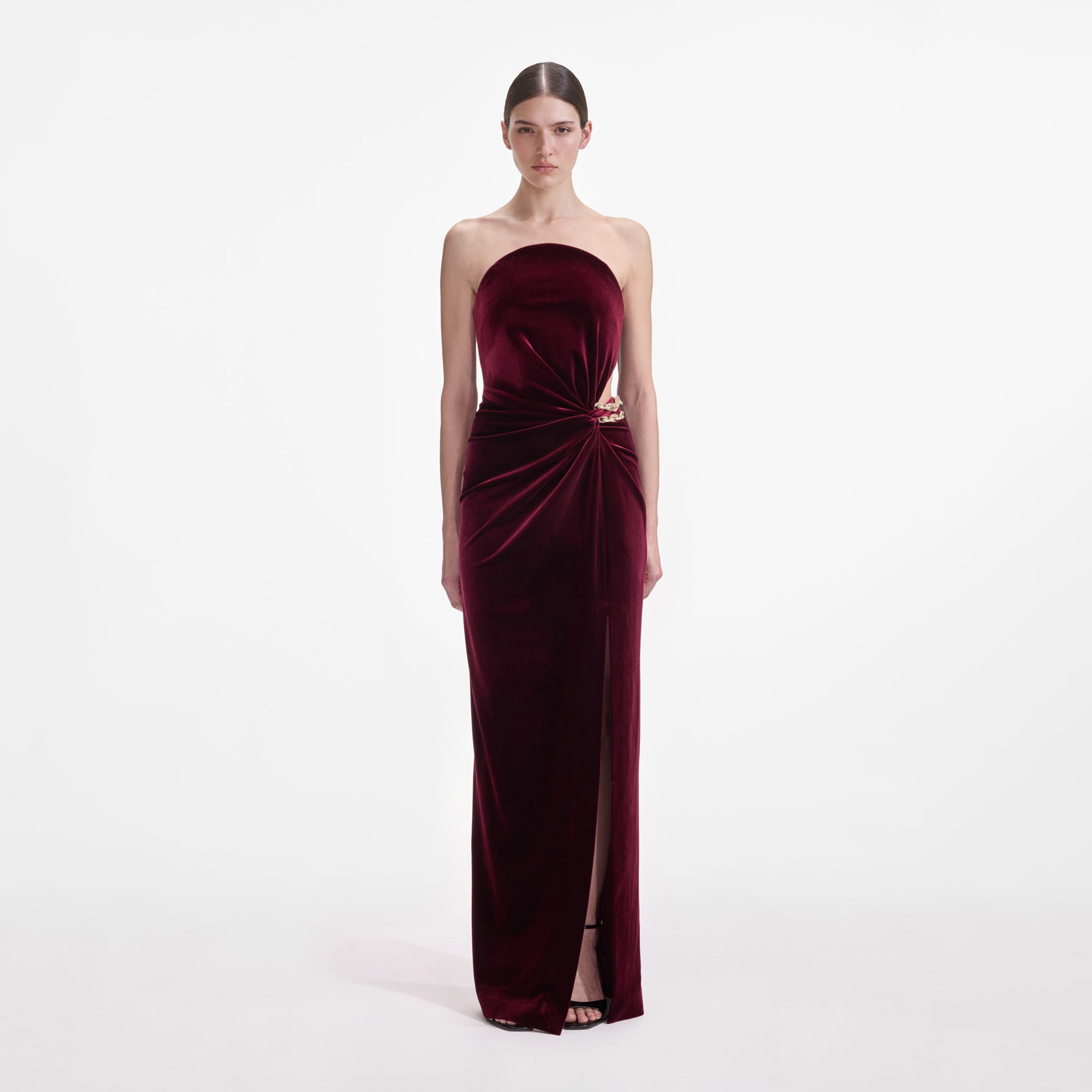 Burgundy Velvet Bandeau Maxi Dress