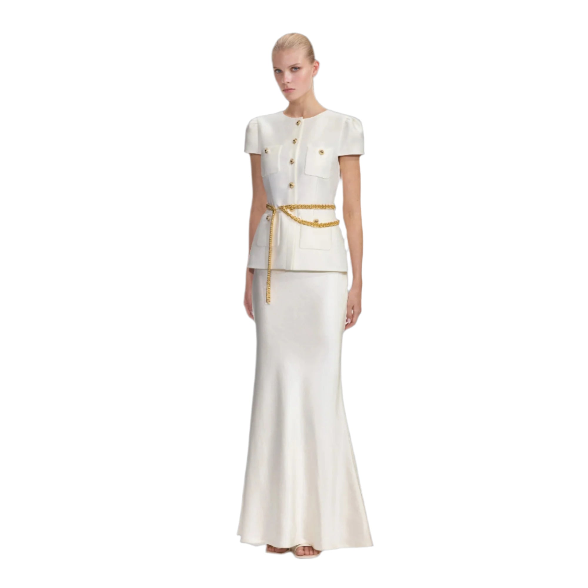 Taffeta Chain Belt Maxi Dress