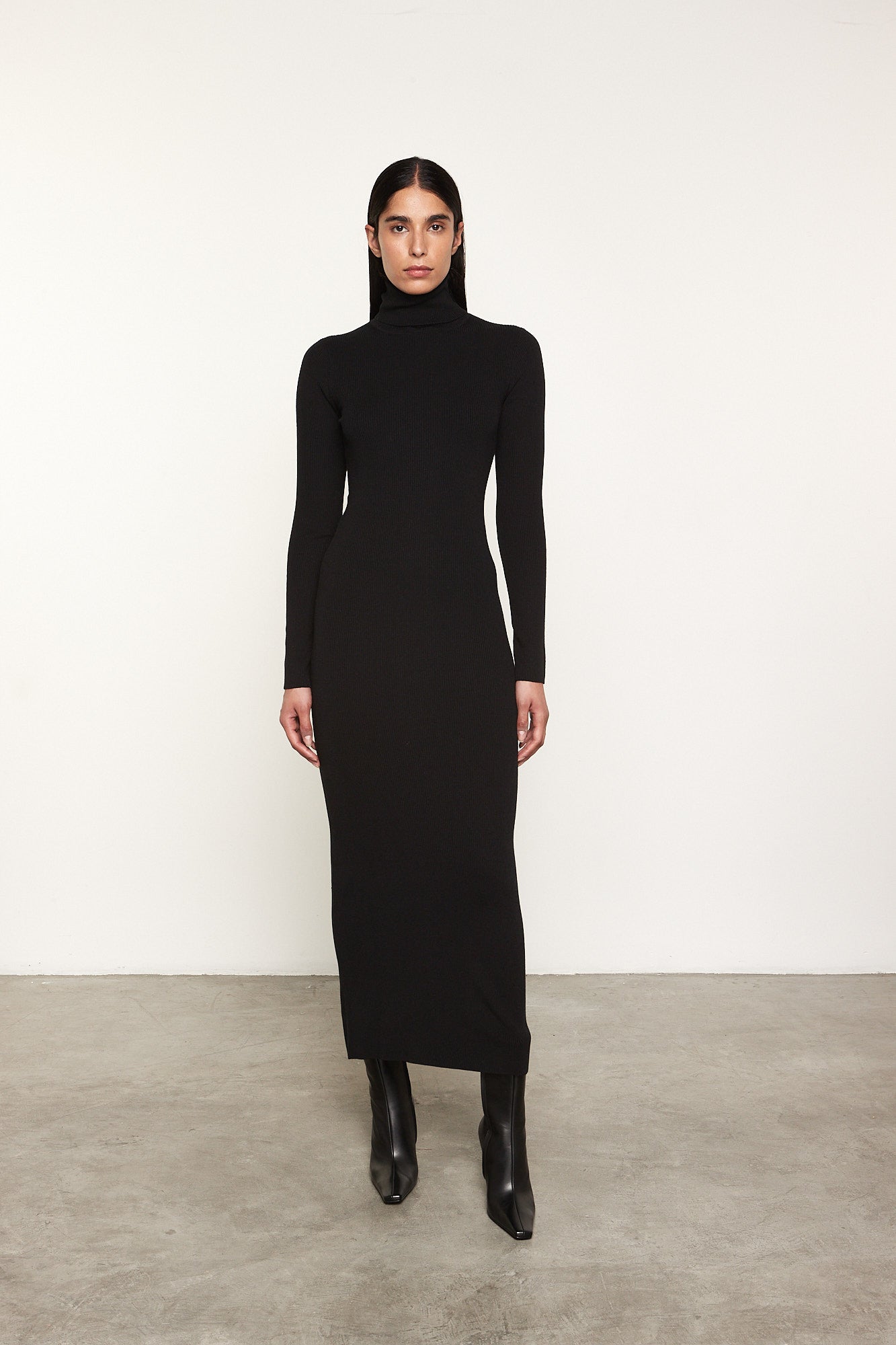 Silk Sweater Rib Ankle Turtleneck Dress