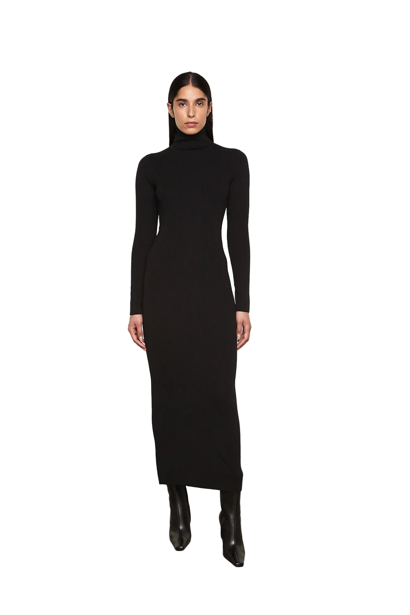 Silk Sweater Rib Ankle Turtleneck Dress