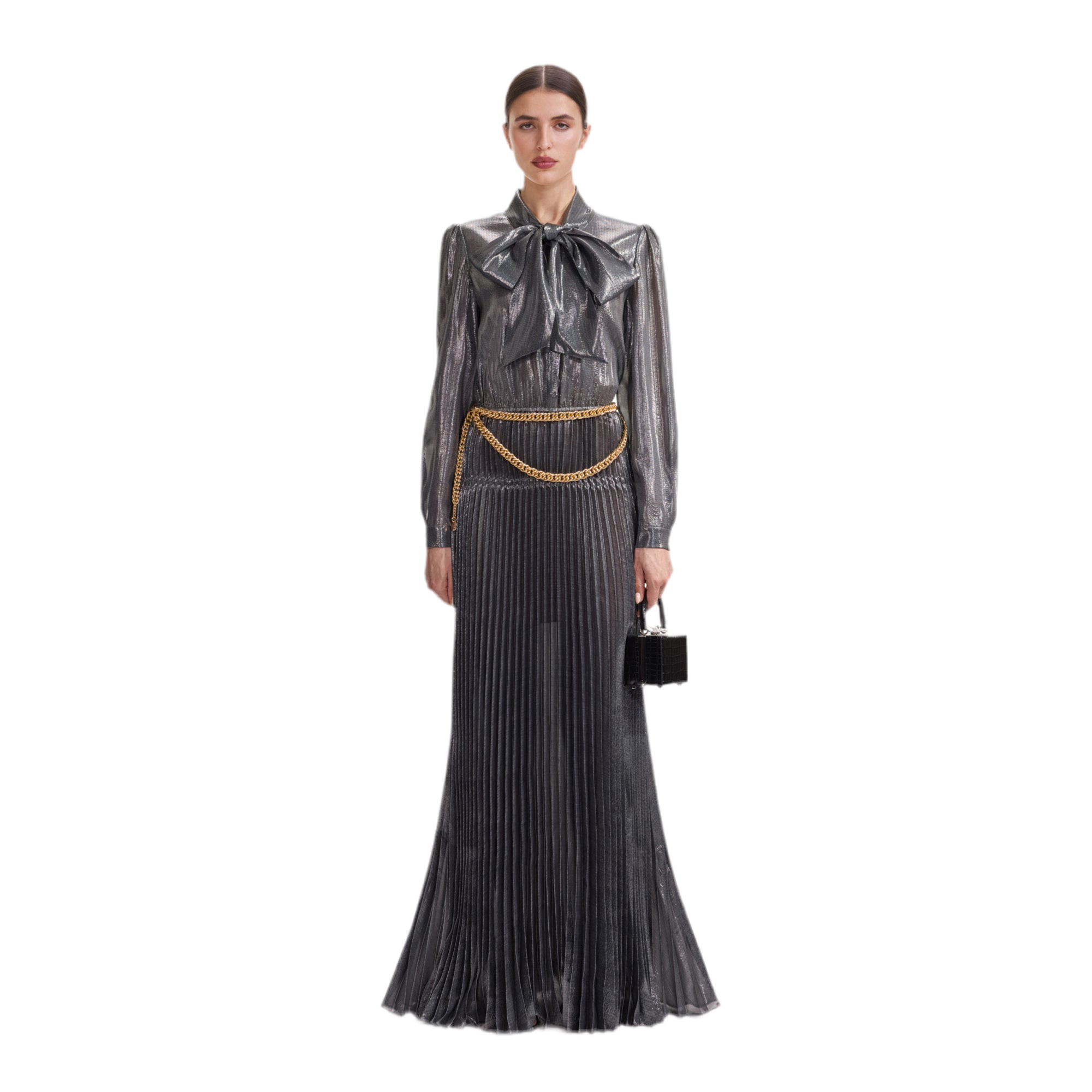 Grey Metallic Pussy Bow Dress