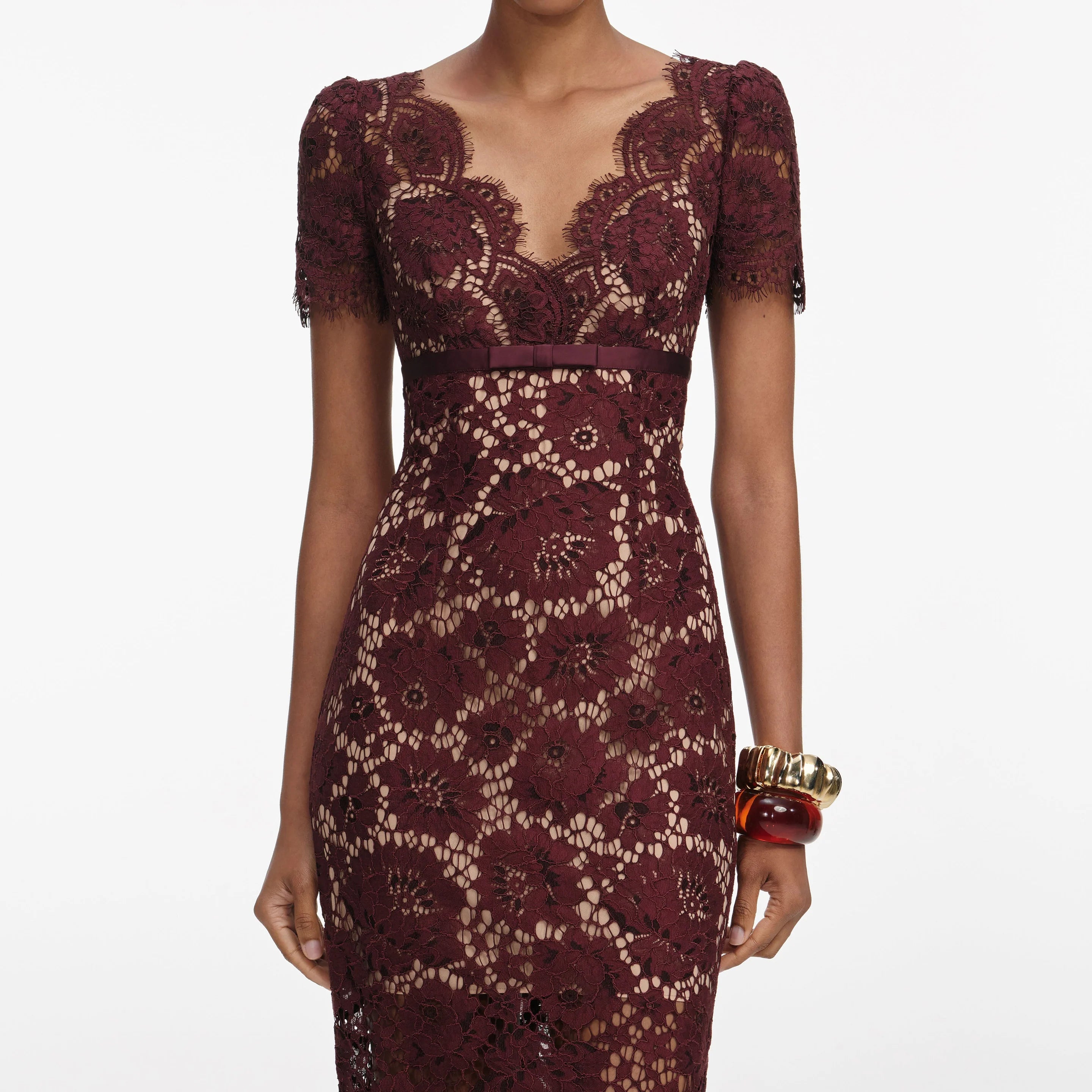 Burgundy Floral Lace Midi Dress