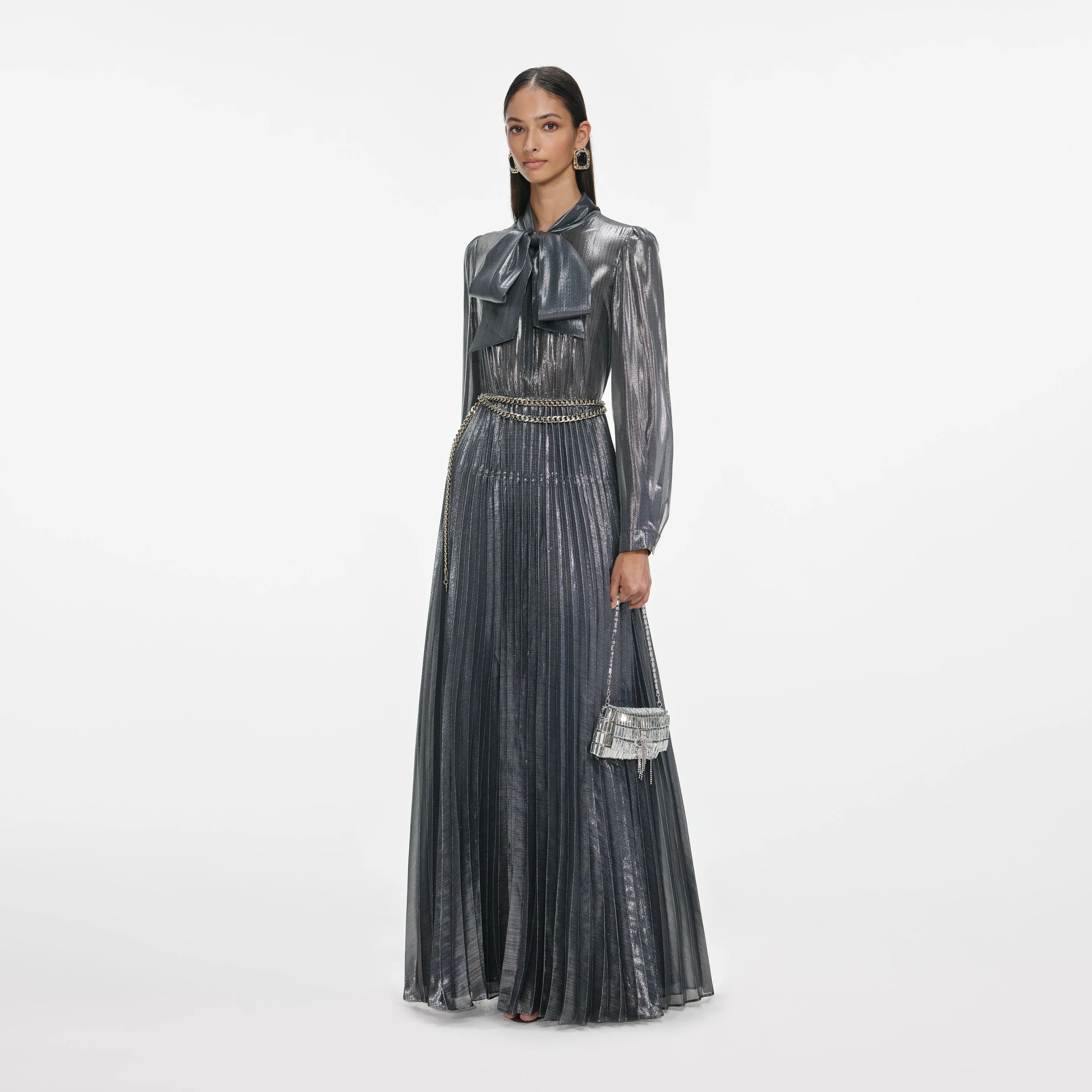 Grey Metallic Pussy Bow Dress
