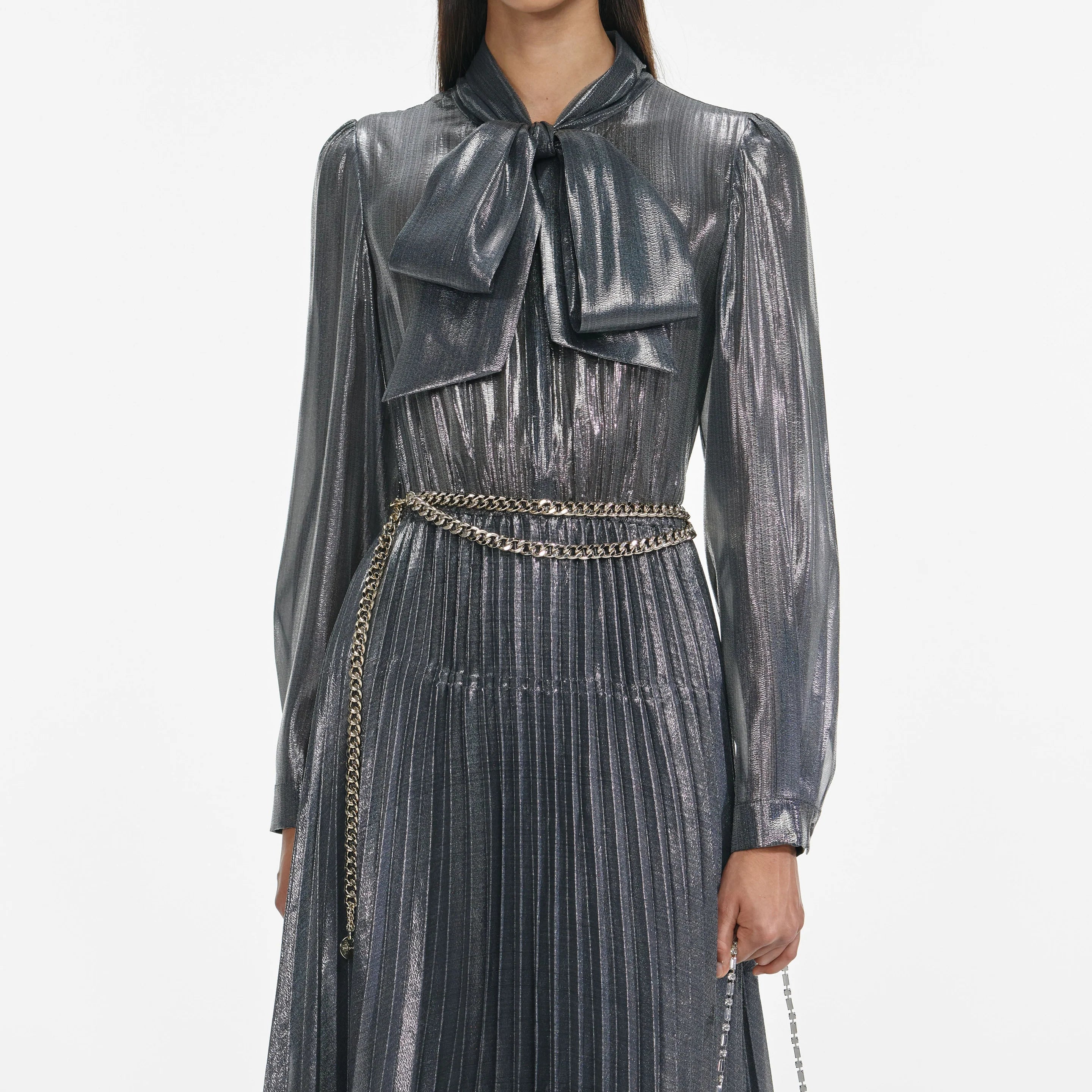 Grey Metallic Pussy Bow Dress