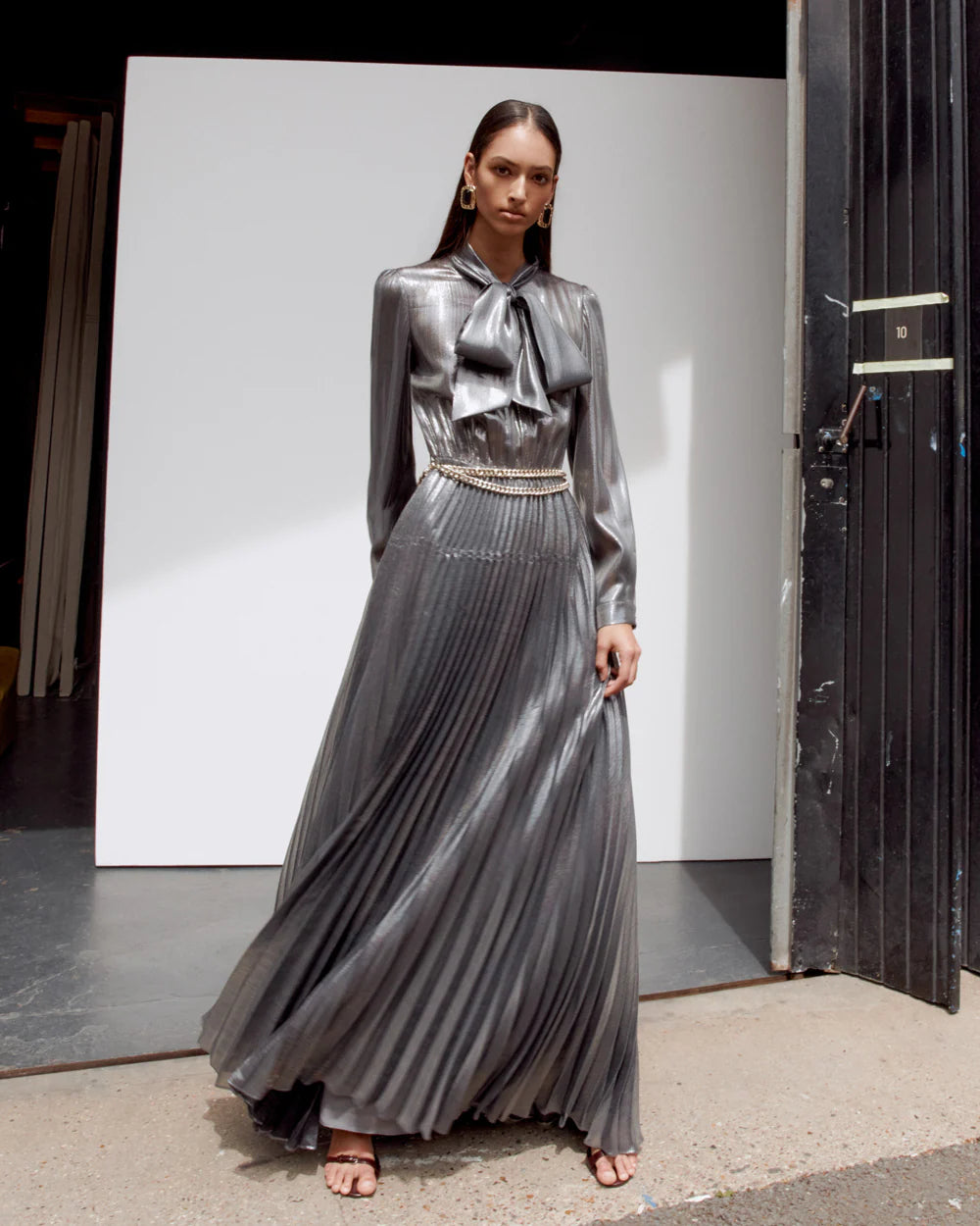 Grey Metallic Pussy Bow Dress