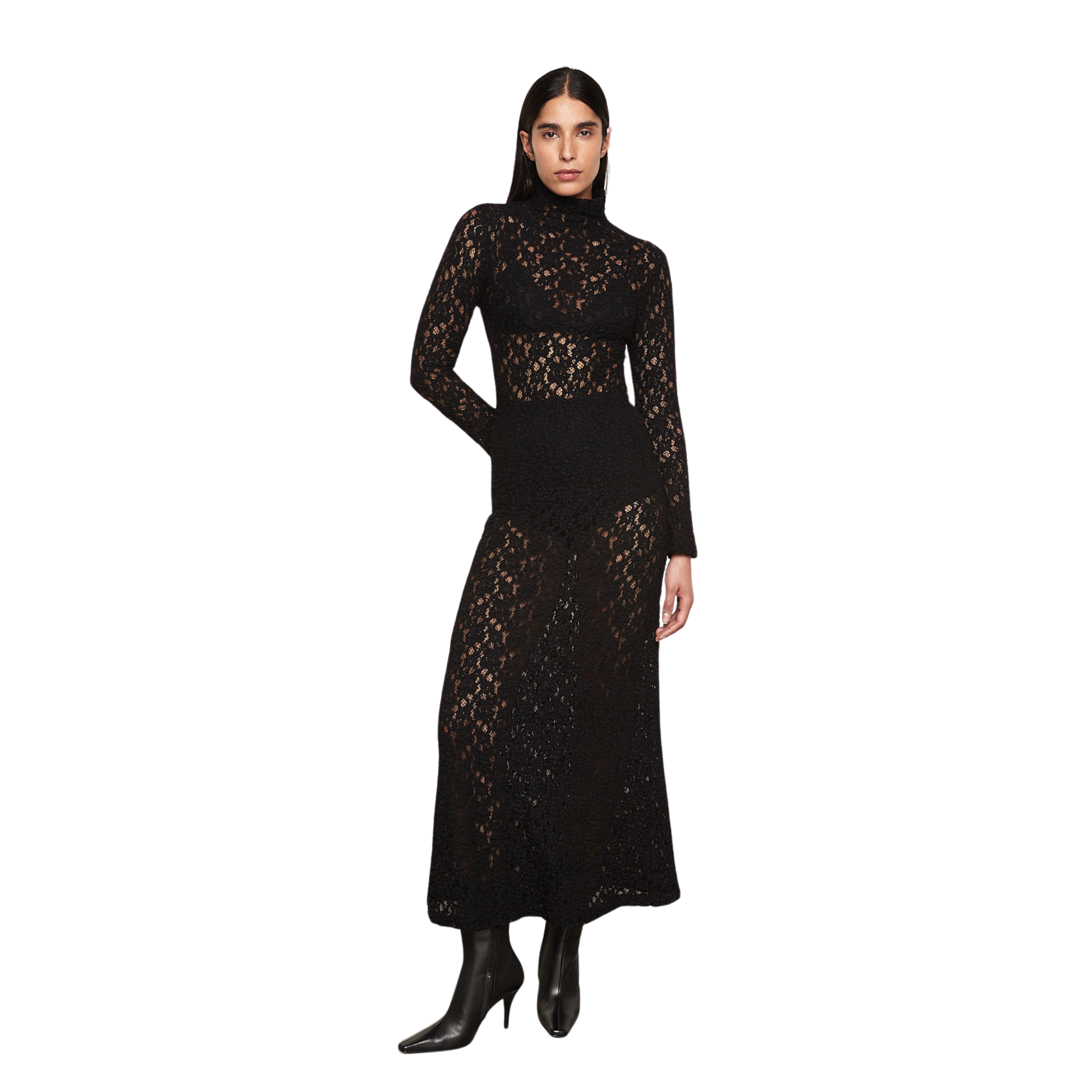 Puckered Lace Mockneck Dress- 0