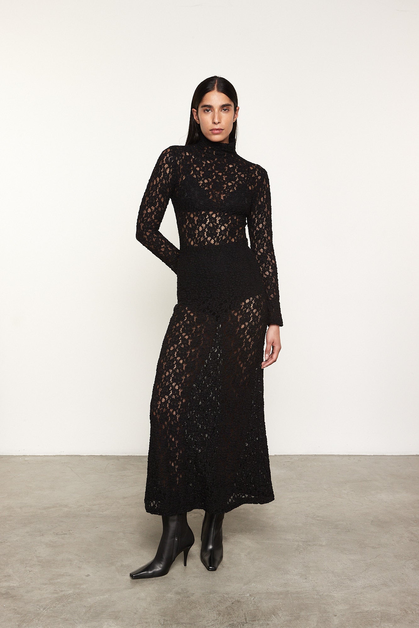 Puckered Lace Mockneck Dress- 0